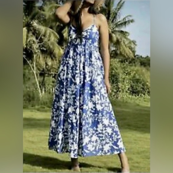 Zara Floral Blue White Cotton Maxi Summer Dress - Picture 1 of 13
